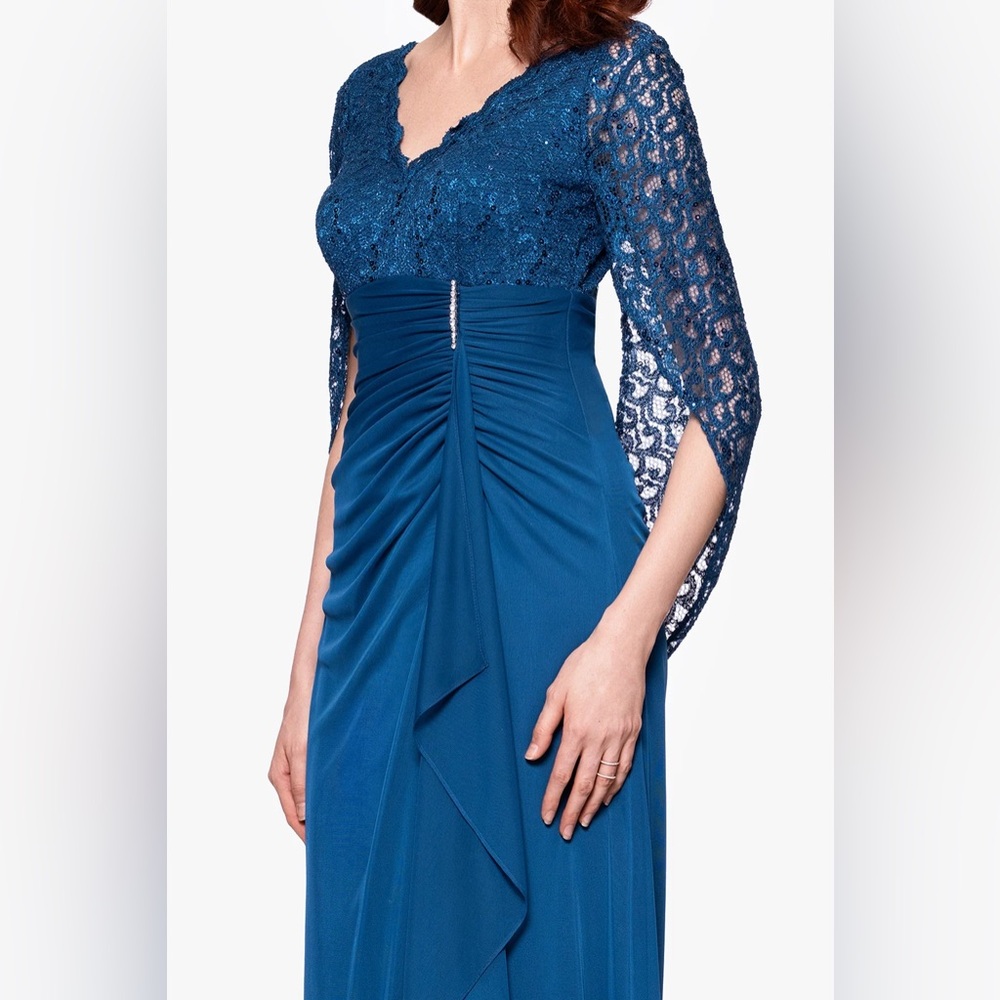 Betsy & Adam Teal Lace Cape Sleeve Ruched Chiffon Gown SZ 12 NWT Modest MOB GALA - Picture 2 of 7